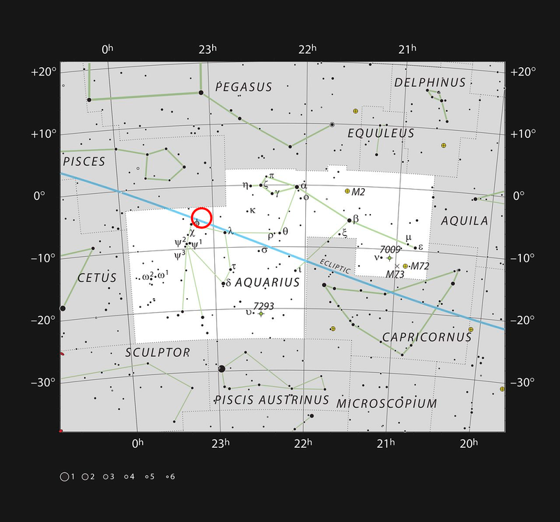 This chart shows the naked eye stars visible on a clear dark night in the sprawling constellation of Aquarius (The Water Carrier). The position of the faint and very red ultracool dwarf star TRAPPIST-1 is marked.